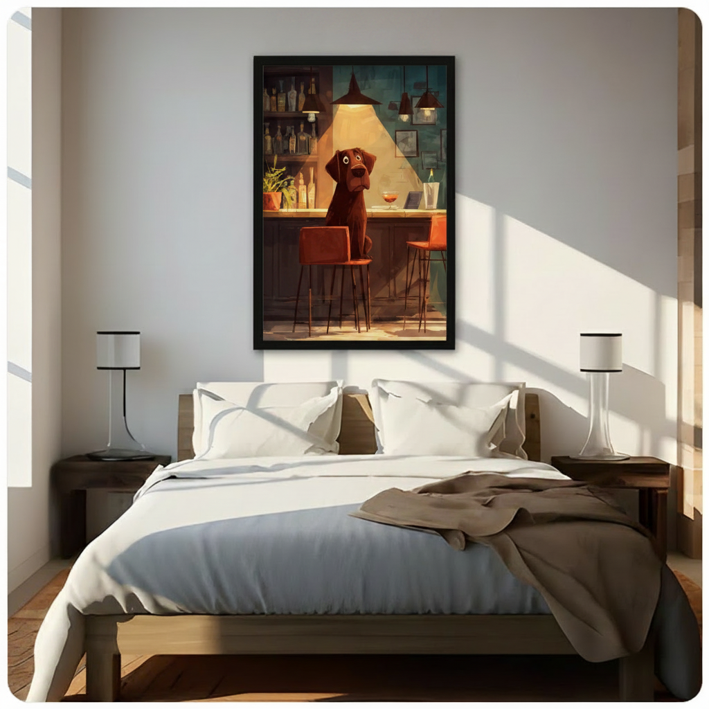 Chocolate Lab at Bar Cartoon Canvas Art Wall Art