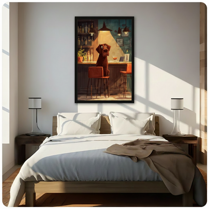 Chocolate Lab at Bar Cartoon Canvas Art Wall Art