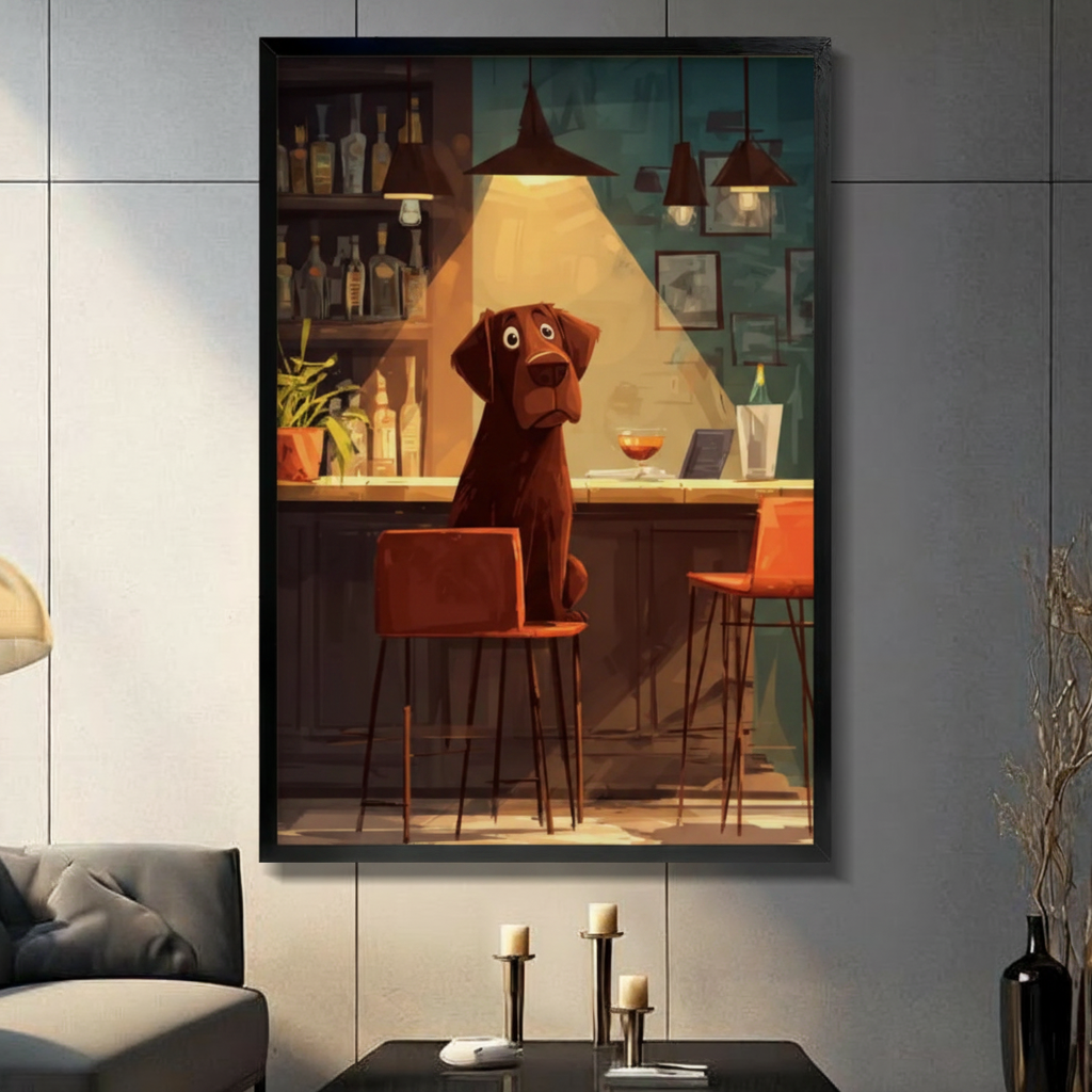 Chocolate Lab at Bar Cartoon Canvas Art Wall Art