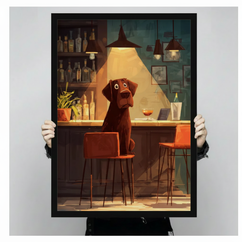 Chocolate Lab at Bar Cartoon Canvas Art Wall Art