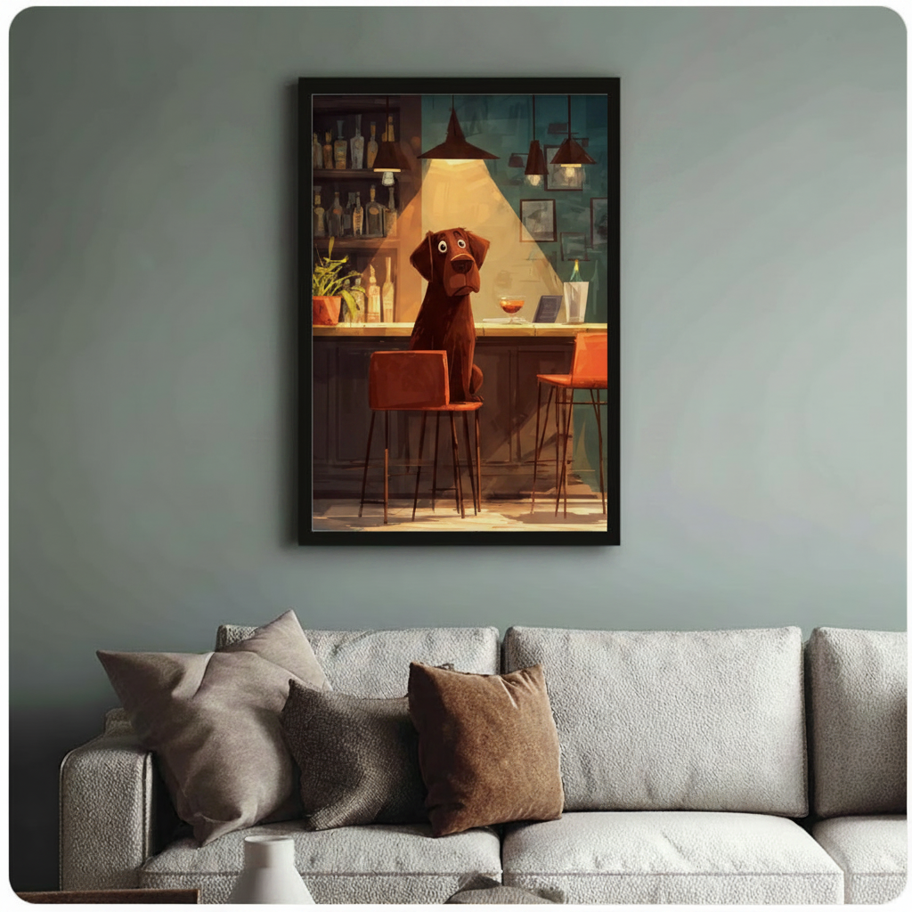 Chocolate Lab at Bar Cartoon Canvas Art Wall Art
