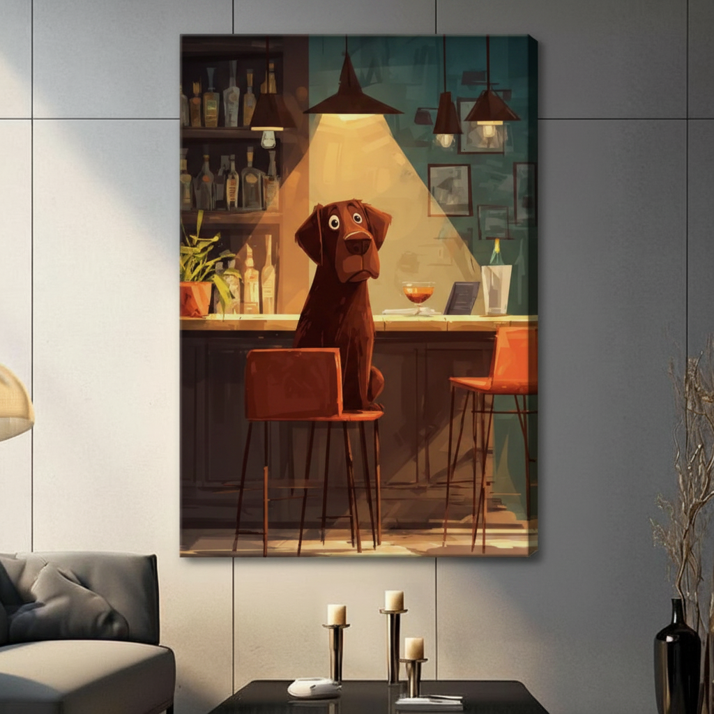 Chocolate Lab at Bar Cartoon Canvas Art Wall Art