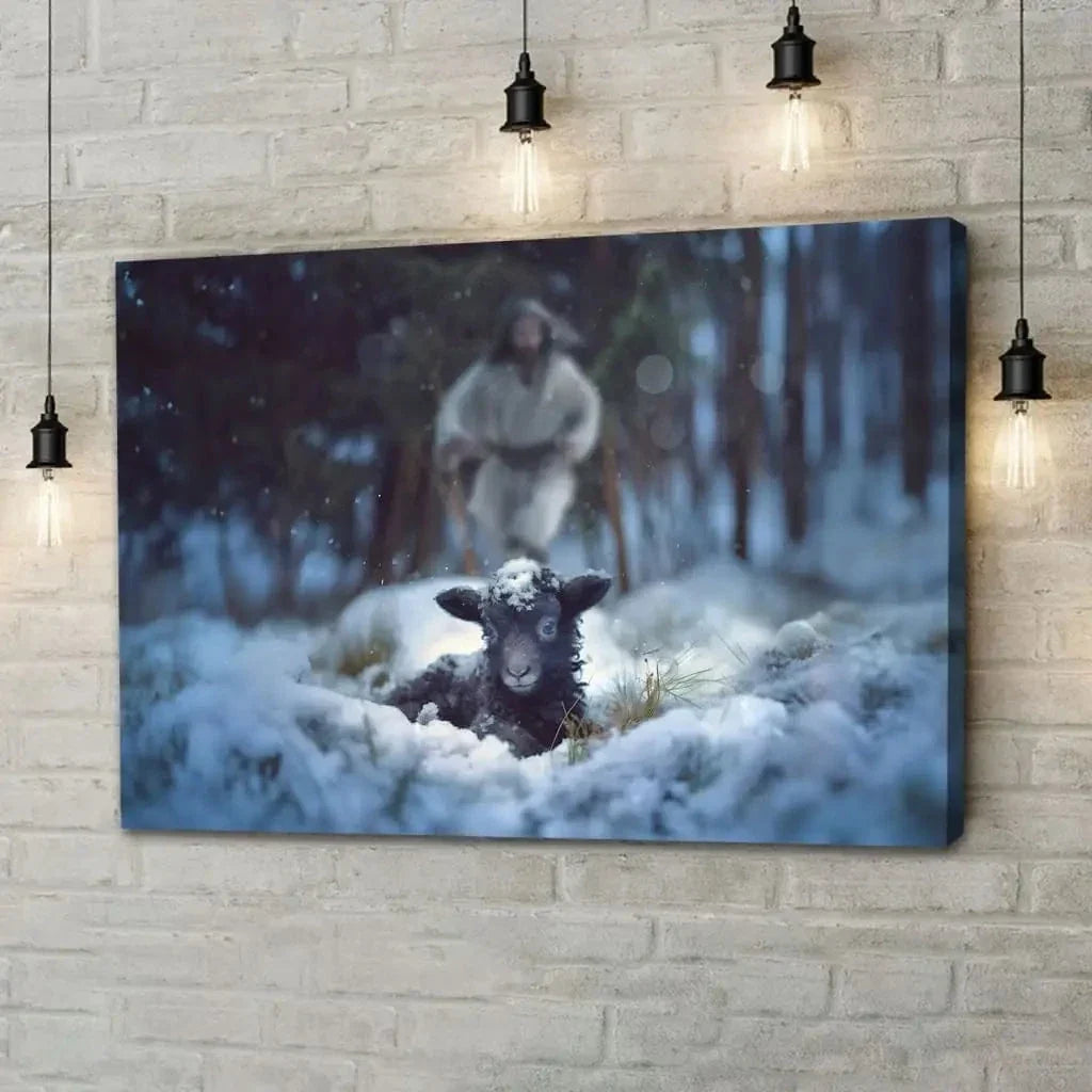 jesus running to rescue a lost sheep in a snowy forest wall art canvas (Landscape) (view 9)