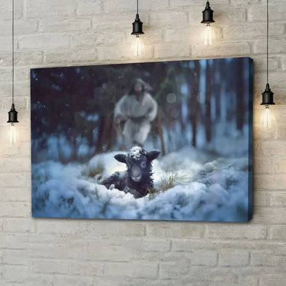 jesus running to rescue a lost sheep in a snowy forest wall art canvas (Landscape) (view 9)