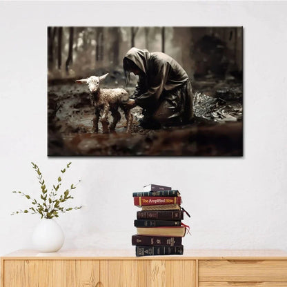 jesus rescues lost lamb wall art canvas (Landscape) (view 10)