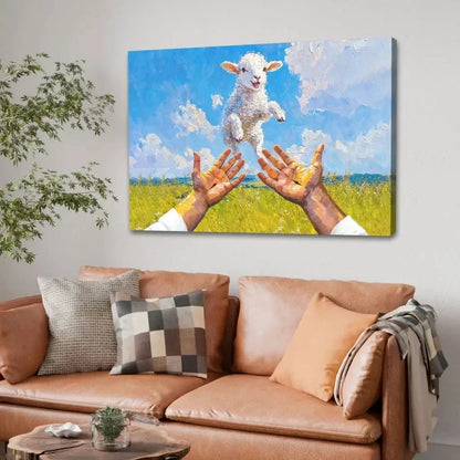 a lamb jumps into jesus arms christian wall art canvas (Landscape) (view 9)