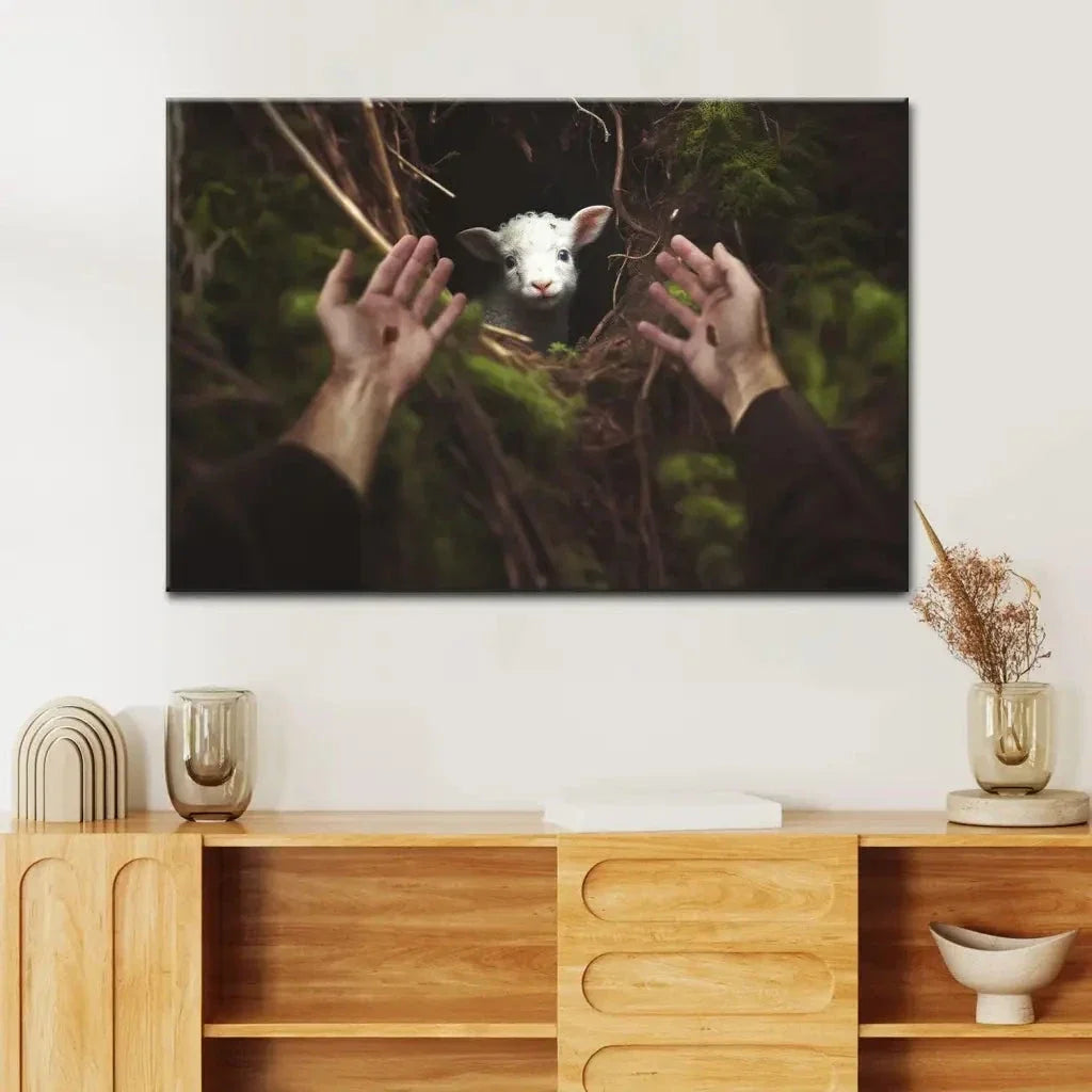 jesus hand reaching out to rescue a lamb wall art canvas (view 9)