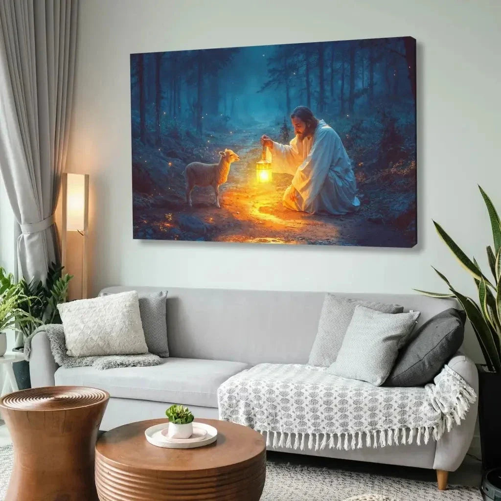 jesus rescues lamb at night wall art canvas (Landscape) (view 9)