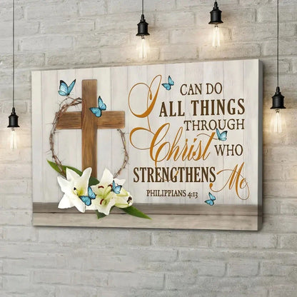 i can do all things through christ wooden cross lily flower butterflies wall art canvas (Landscape) (view 10)