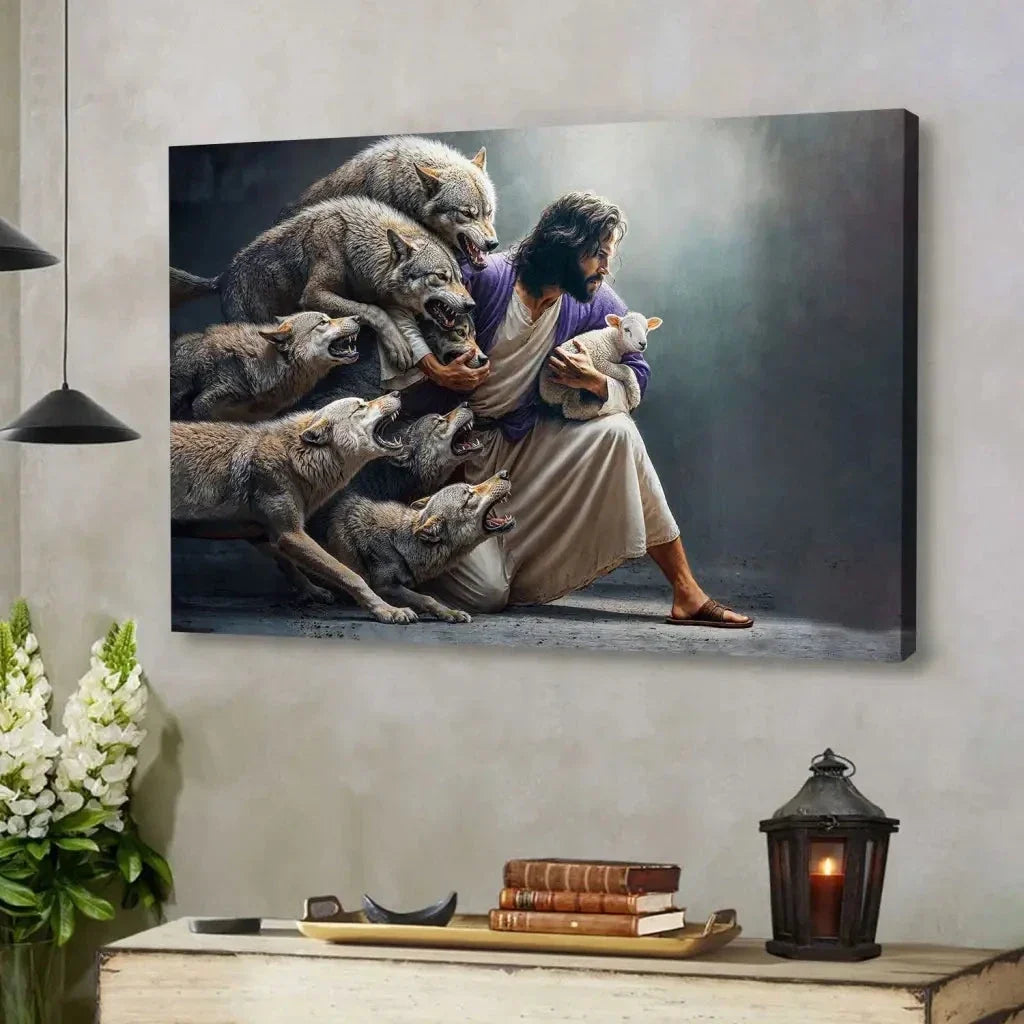 jesus protects the lamb from wolves wall art canvas (Landscape) (view 12)