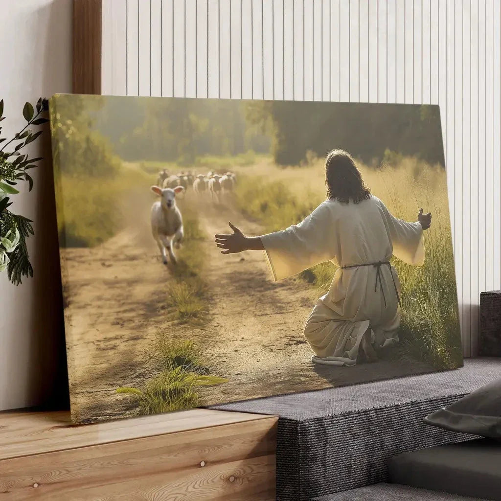 lamb runs to jesus wall art canvas (Landscape) (view 10)