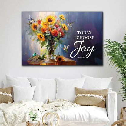 today i choose joy art hummingbird sunflower christian wall art canvas (Landscape) (view 3)