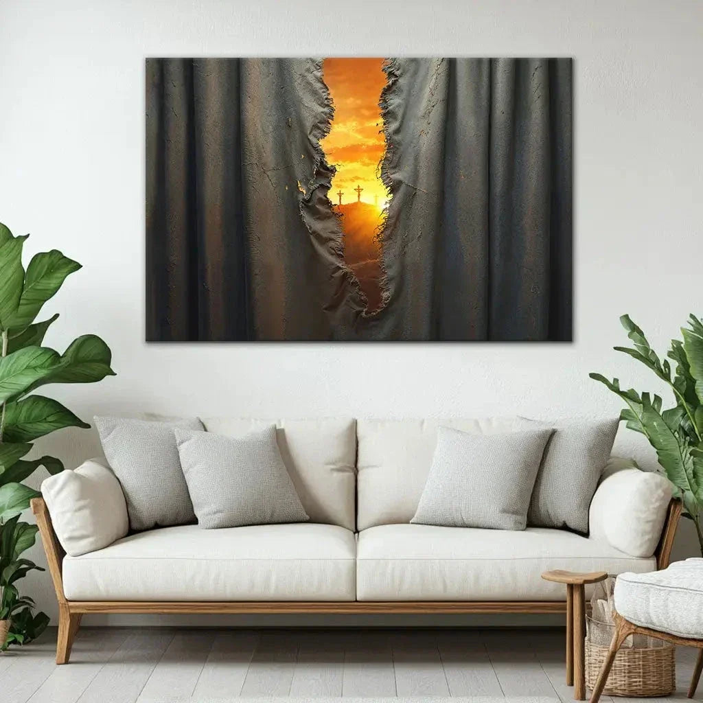 the veil was torn at jesus crucifixion christian wall art canvas (Landscape) (view 9)