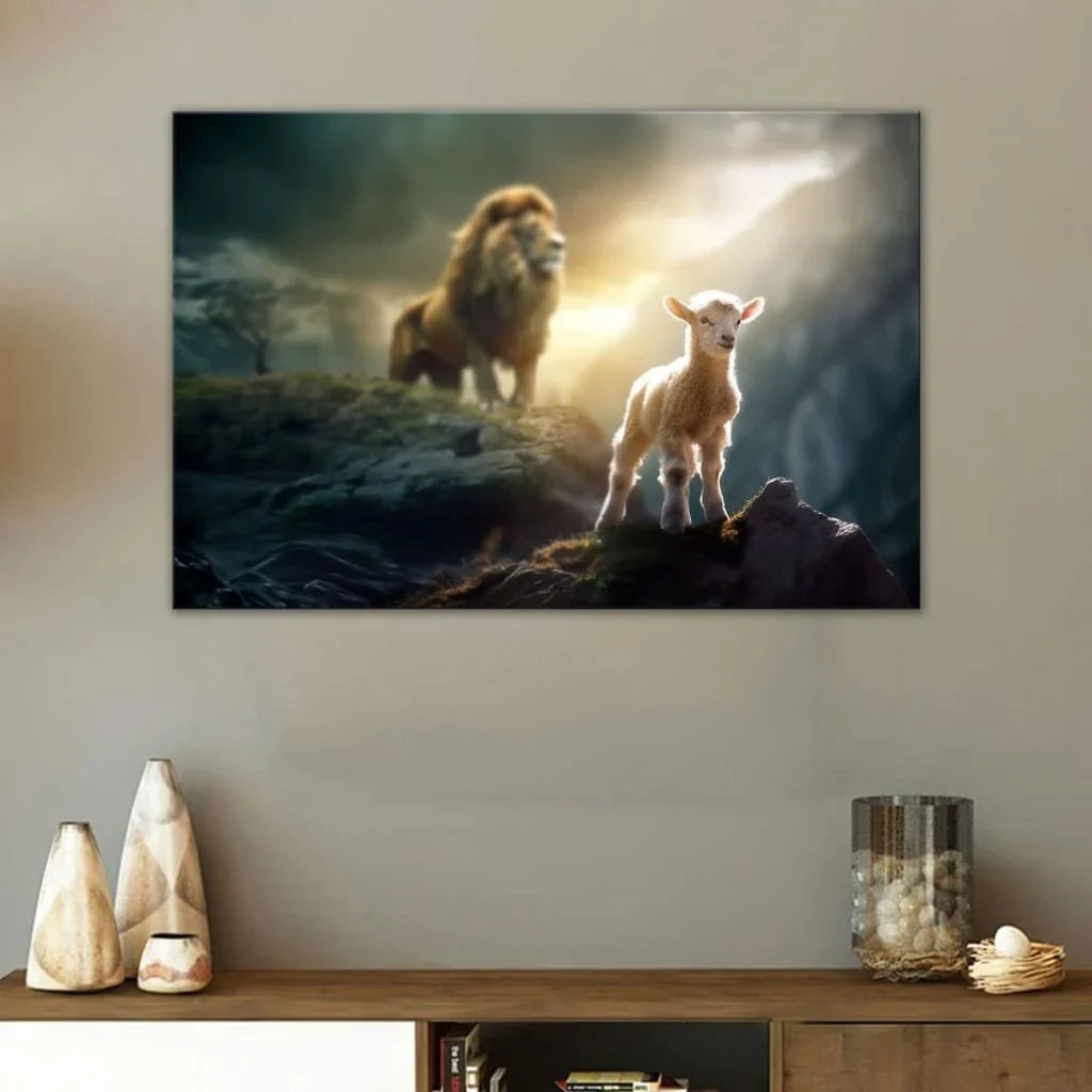 lamb is bold because lion is near christian wall art canvas (Landscape) (view 8)