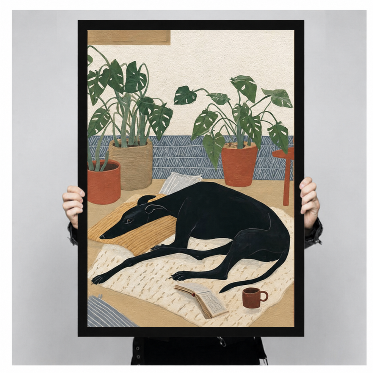 Cozy Greyhound Monstera Illustration Canvas Wall Art
