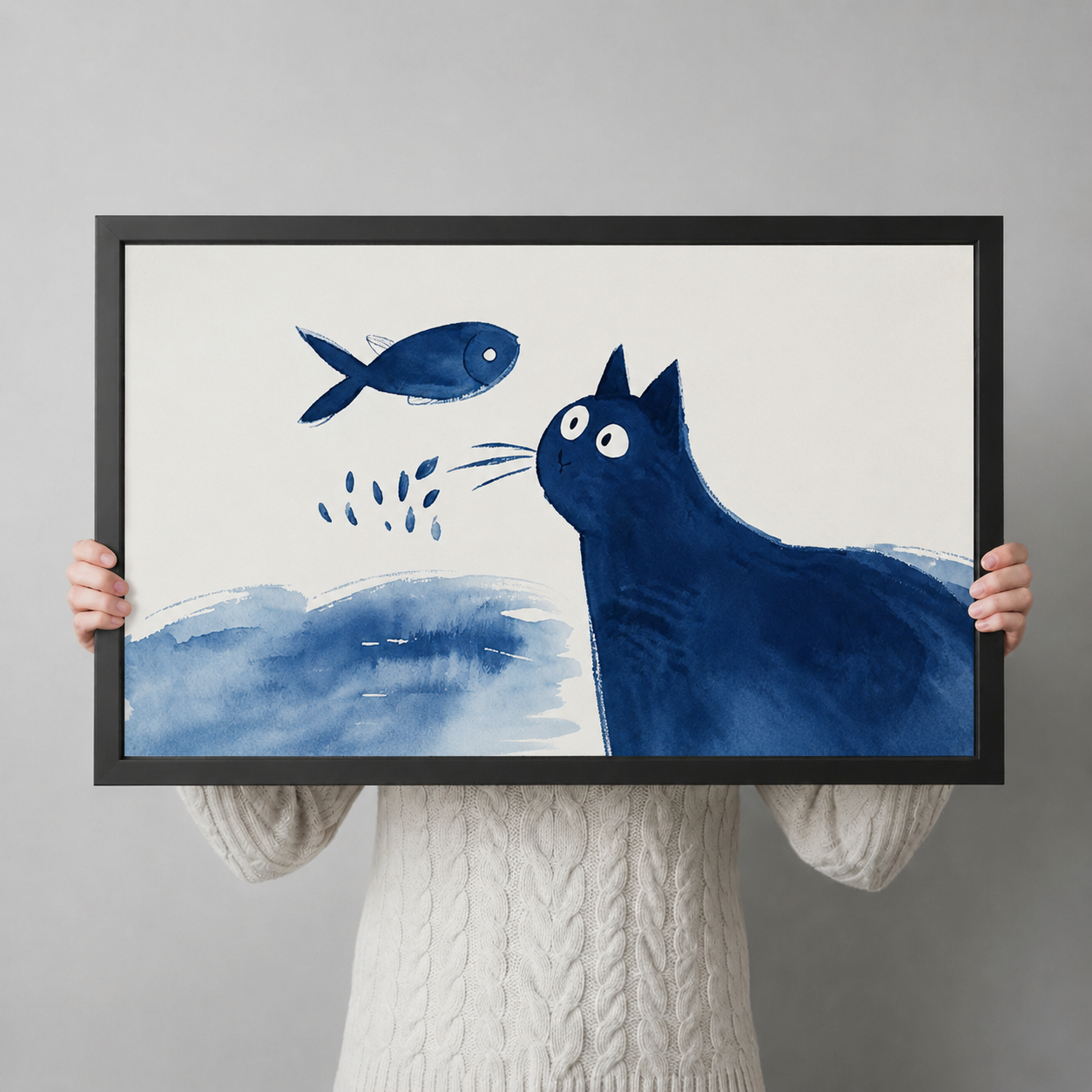 Blue Cat & Fish Watercolor Canvas Wall Art