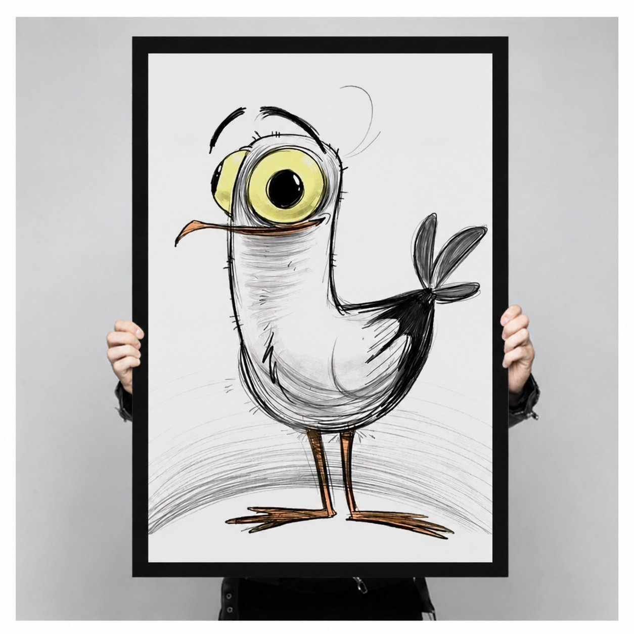 Quirky Big-Eye Bird Sketch Canvas Wall Art
