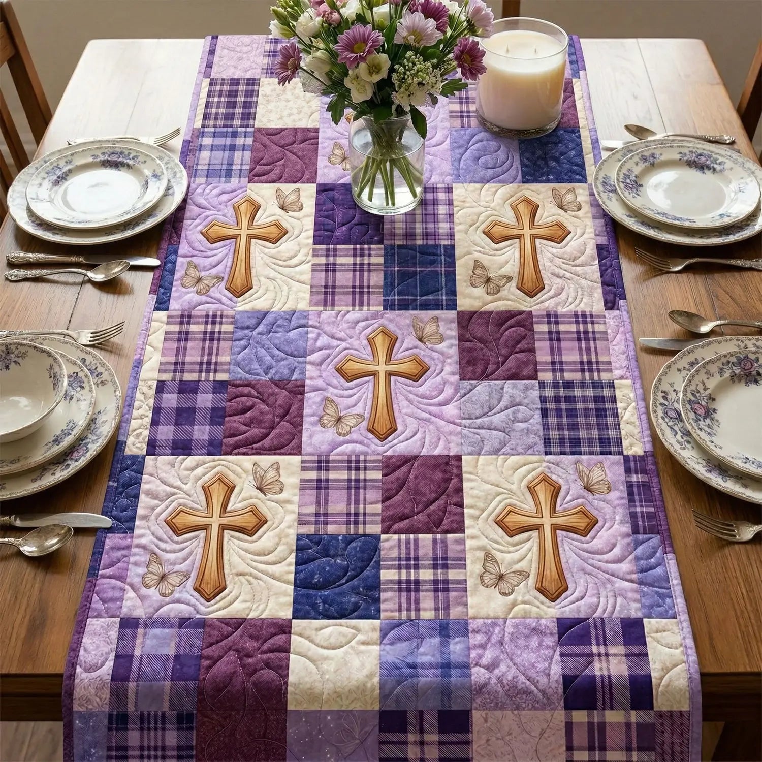 Lavender Cross Quilted Table Runner