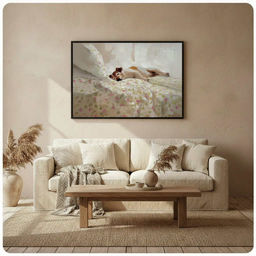 Sleeping Dog Floral Bed Oil Painting Canvas Wall Art