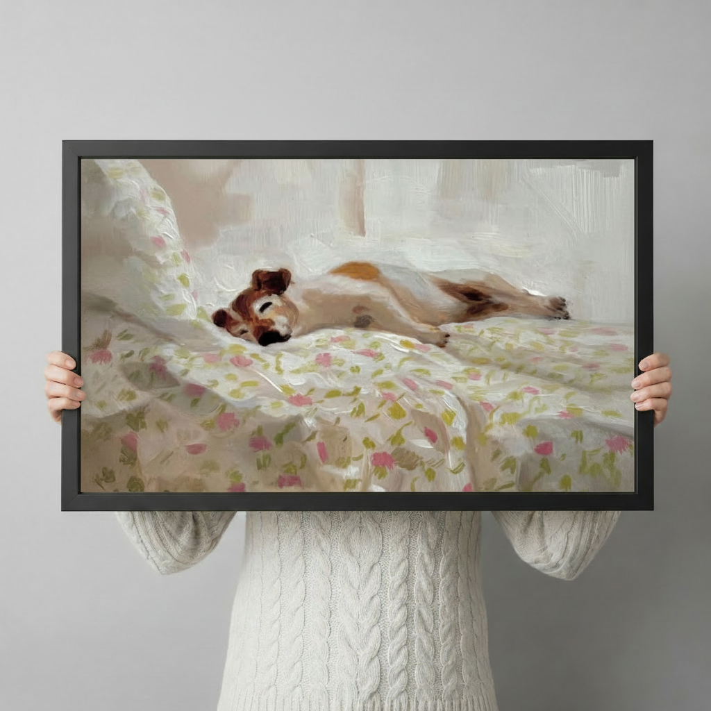 Sleeping Dog Floral Bed Oil Painting Canvas Wall Art
