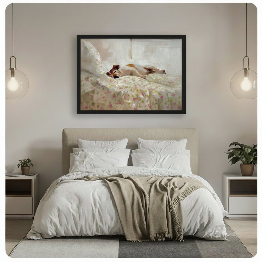 Sleeping Dog Floral Bed Oil Painting Canvas Wall Art