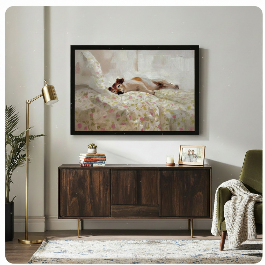 Sleeping Dog Floral Bed Oil Painting Canvas Wall Art