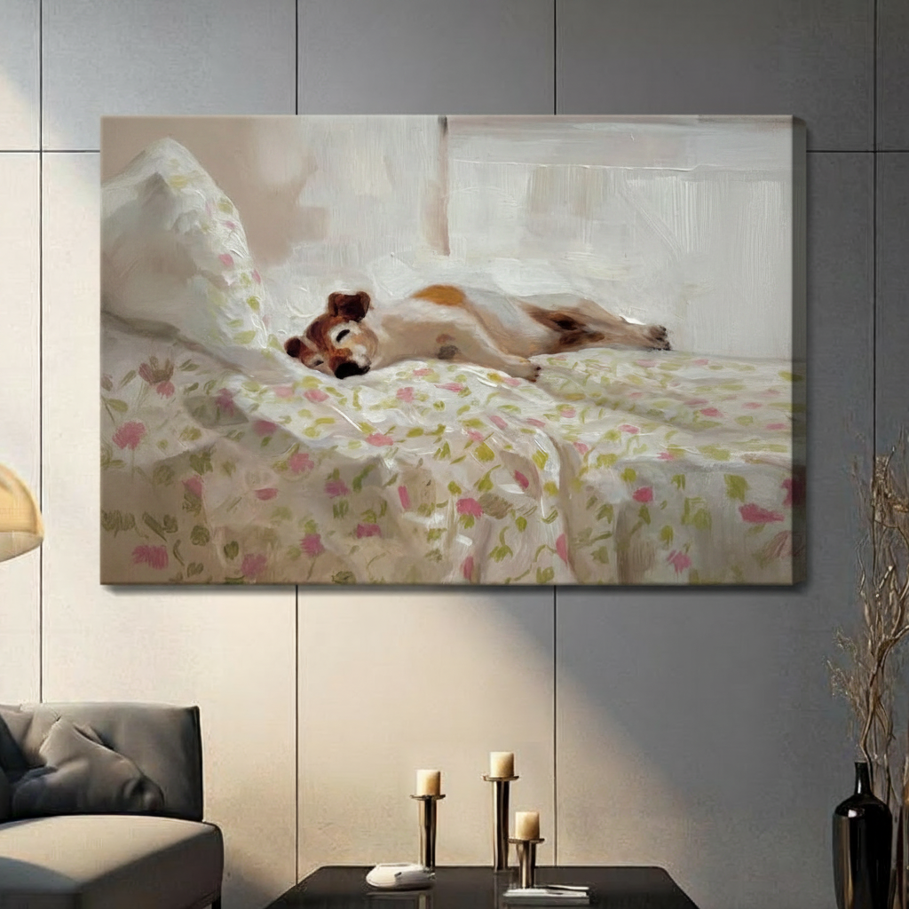 Sleeping Dog Floral Bed Oil Painting Canvas Wall Art