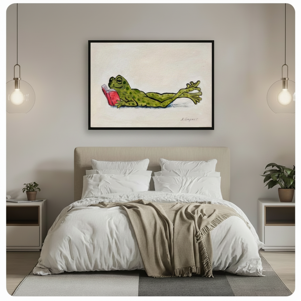 Funny Reading Frog Whimsical Canvas Wall Art