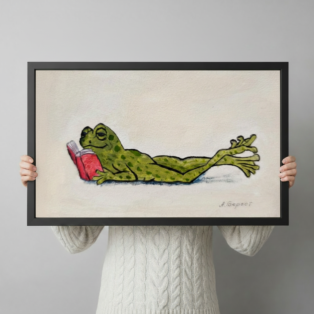 Funny Reading Frog Whimsical Canvas Wall Art