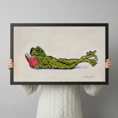 Funny Reading Frog Whimsical Canvas Wall Art