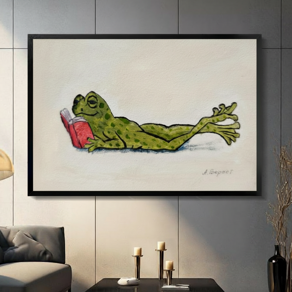 Funny Reading Frog Whimsical Canvas Wall Art