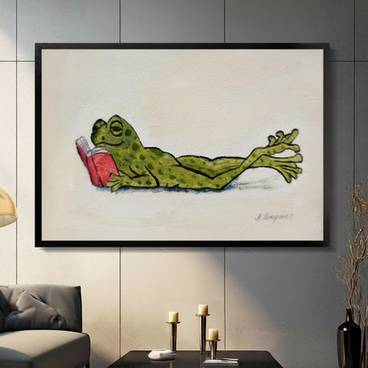 Funny Reading Frog Whimsical Canvas Wall Art