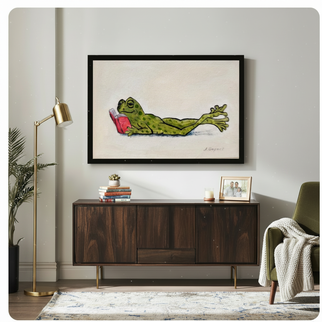 Funny Reading Frog Whimsical Canvas Wall Art