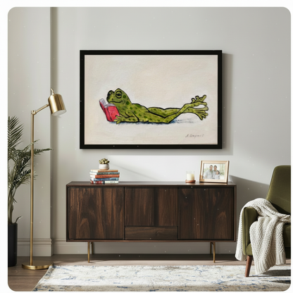 Funny Reading Frog Whimsical Canvas Wall Art