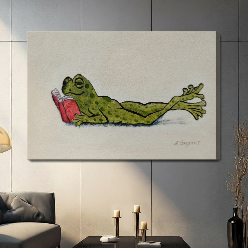 Funny Reading Frog Whimsical Canvas Wall Art