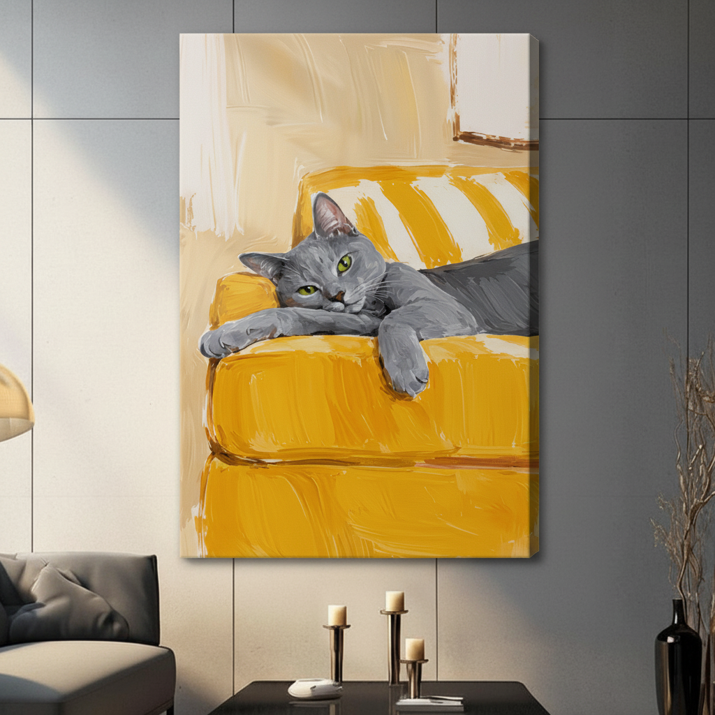 Lazy Cat on Sofa Oil Painting Canvas Art Wall Art