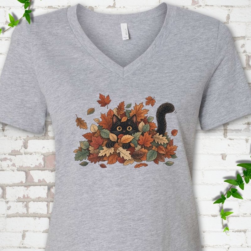 Leaf Peeper Black Cat V-Neck T-Shirt