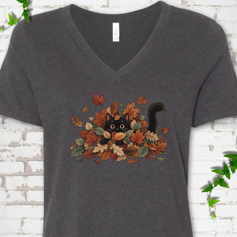 Leaf Peeper Black Cat V-Neck T-Shirt