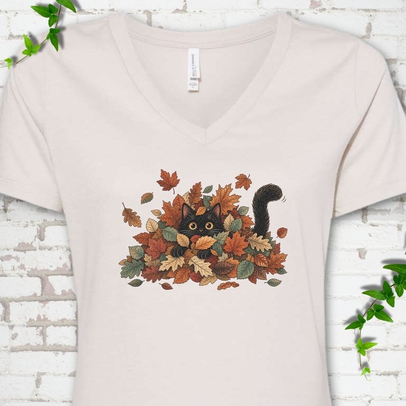 Leaf Peeper Black Cat V-Neck T-Shirt