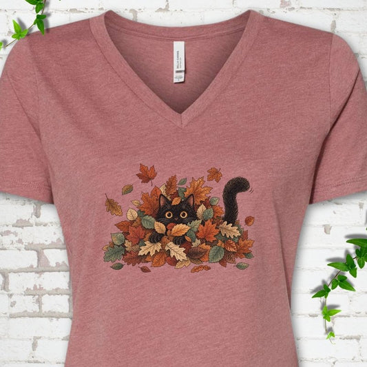 Leaf Peeper Black Cat V-Neck T-Shirt