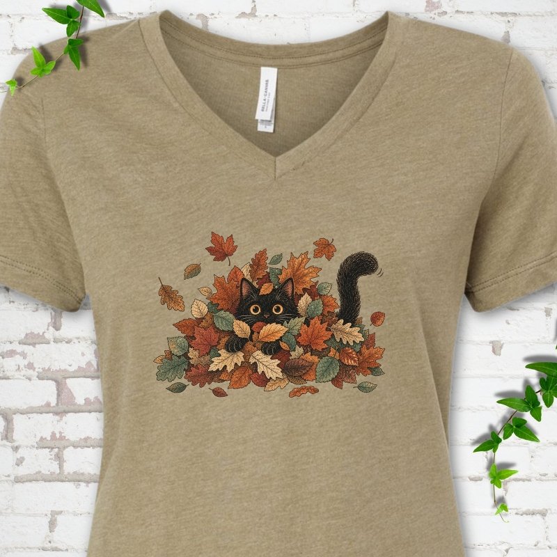 Leaf Peeper Black Cat V-Neck T-Shirt