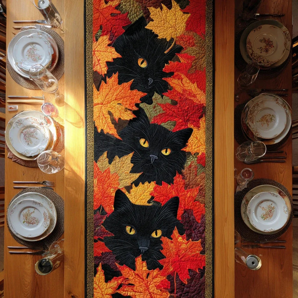 Leafy Cat Trio Quilted Table Runner