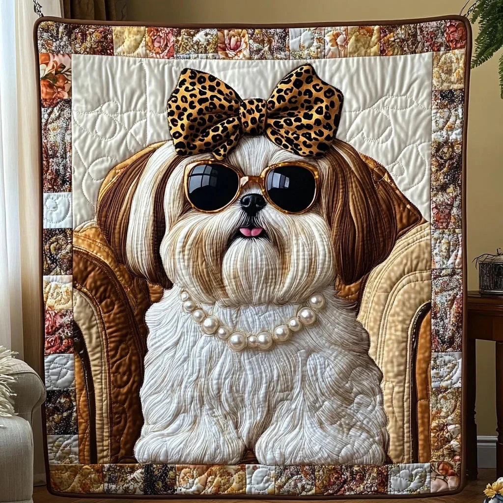 Leopard Bow Shih Tzu Quilt Blanket