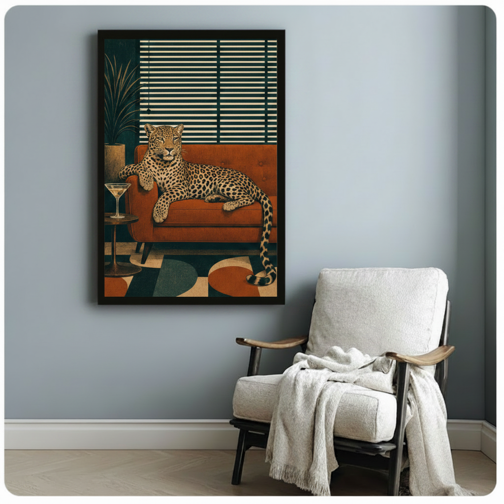 Leopard on Sofa Retro Mid-Century Modern Canvas Art