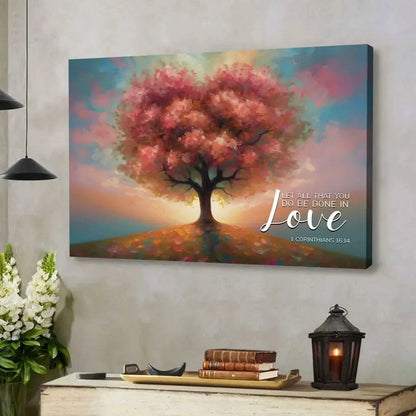 let all that you do be done in love heart shape tree wall art canvas (Landscape) (view 7)