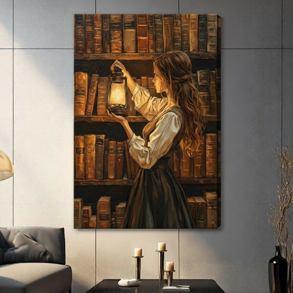 Dark Academia Library Girl Canvas Art Wall Art