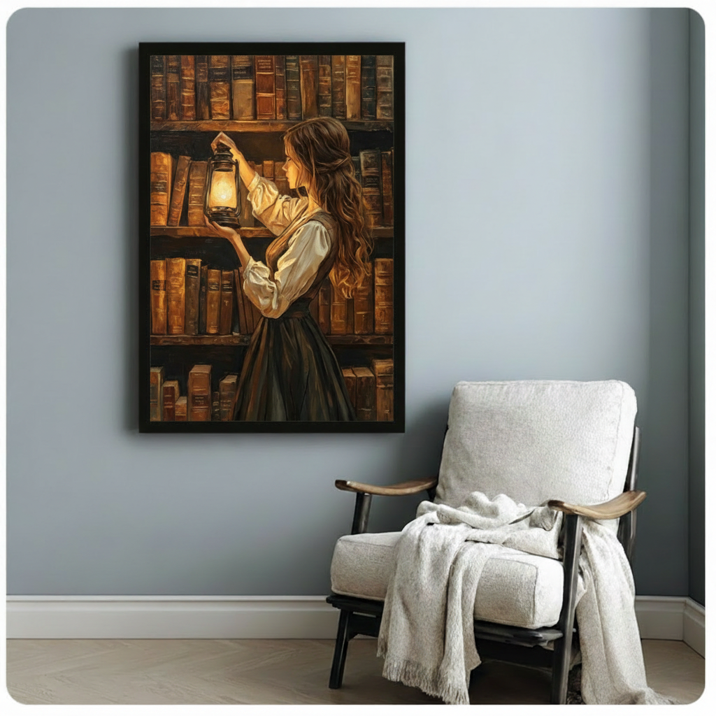 Dark Academia Library Girl Canvas Art Wall Art