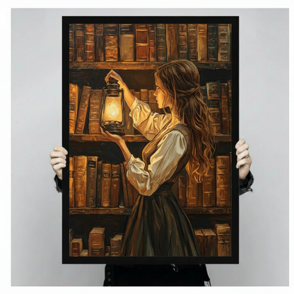 Dark Academia Library Girl Canvas Art Wall Art