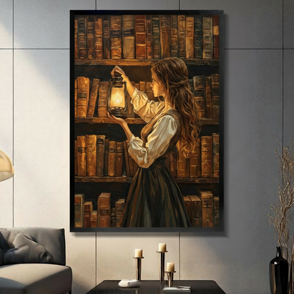Dark Academia Library Girl Canvas Art Wall Art