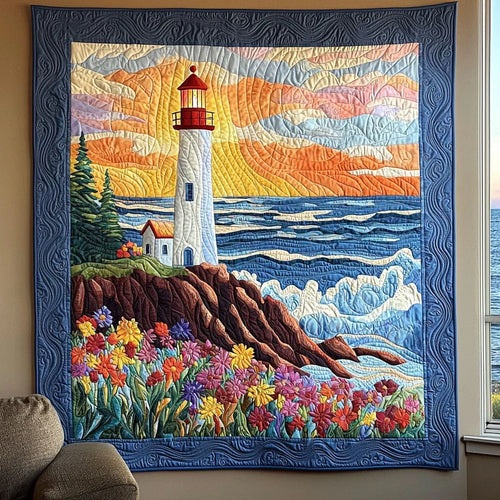 Lighthouse And Flower Field Quilt Blanket